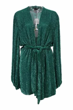 Green metallic viscose-blend plunge neck tie-waist robe-style mini dress with blouson sleeves