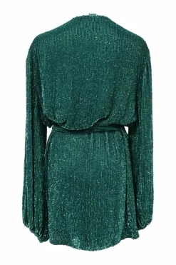 Green metallic viscose-blend plunge neck tie-waist robe-style mini dress with blouson sleeves