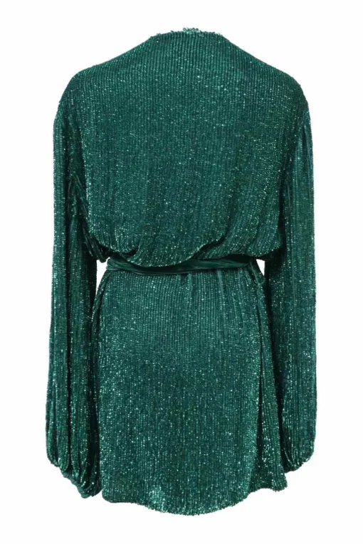 Green metallic viscose-blend plunge neck tie-waist robe-style mini dress with blouson sleeves