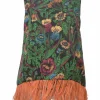 Green ostrich feather-trimmed La Scala floral print sleeveless swing-top