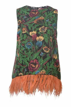 Green ostrich feather-trimmed La Scala floral print sleeveless swing-top