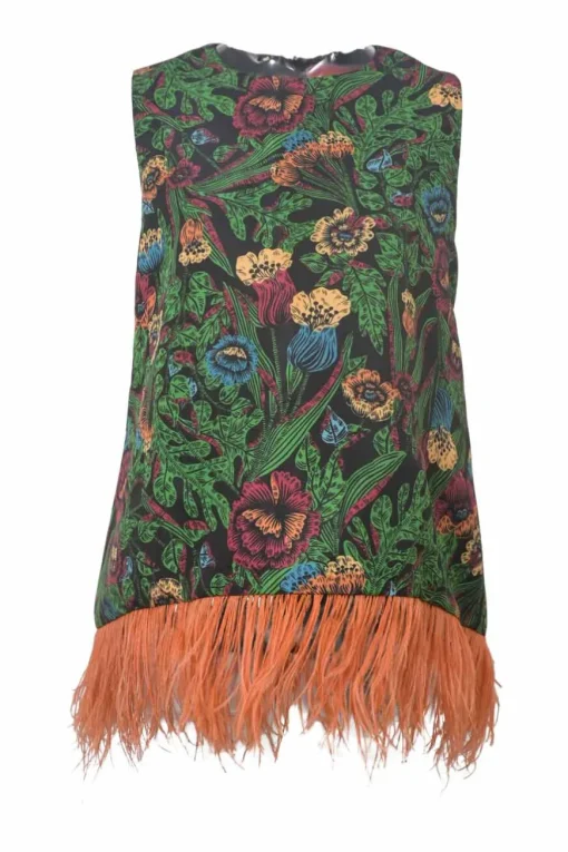 Green ostrich feather-trimmed La Scala floral print sleeveless swing-top