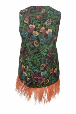 Green ostrich feather-trimmed La Scala floral print sleeveless swing-top
