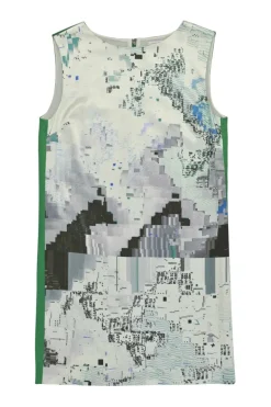 Green paneled acetate-blend abstract digi-print shift dress