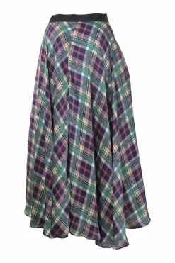 Green paneled cotton-blend plaid wrap-front apron-style midi A-line skirt with gathered hip