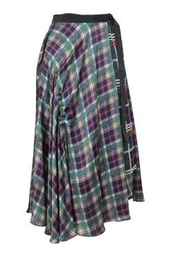 Green paneled cotton-blend plaid wrap-front apron-style midi A-line skirt with gathered hip