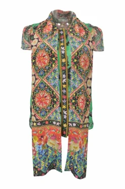 Green paneled silk-blend abstract foulard print short sleeve pussy-bow blouse