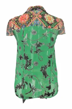 Green paneled silk-blend abstract foulard print short sleeve pussy-bow blouse
