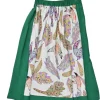 Green paneled viscose and painterly bird print pull-on A-line midi circle skirt