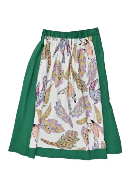 Green paneled viscose and painterly bird print pull-on A-line midi circle skirt
