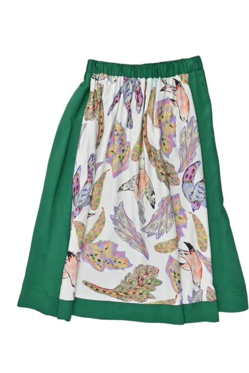 Green paneled viscose and painterly bird print pull-on A-line midi circle skirt