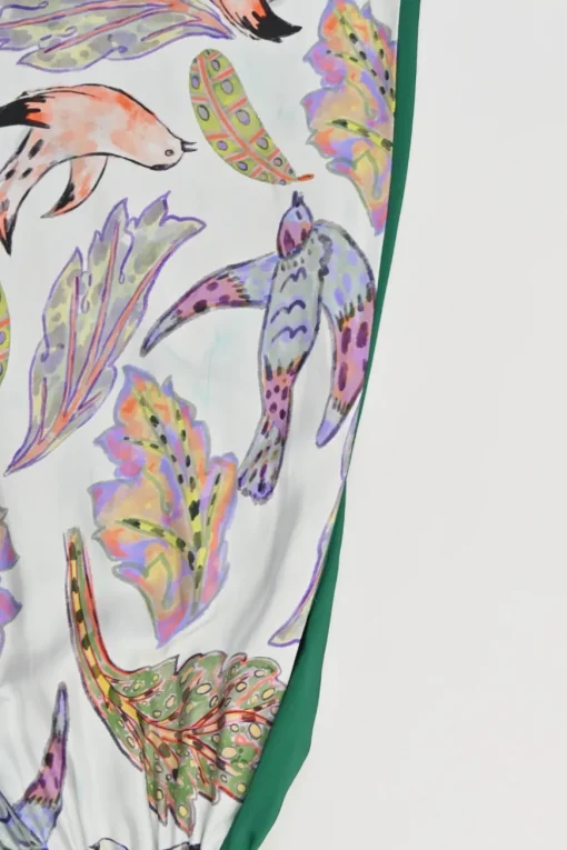 Green paneled viscose and painterly bird print pull-on A-line midi circle skirt