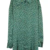 Green polyester abstract print classic collar button-front shirt with button cuffs and high-low hem