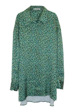 Green polyester abstract print classic collar button-front shirt with button cuffs and high-low hem