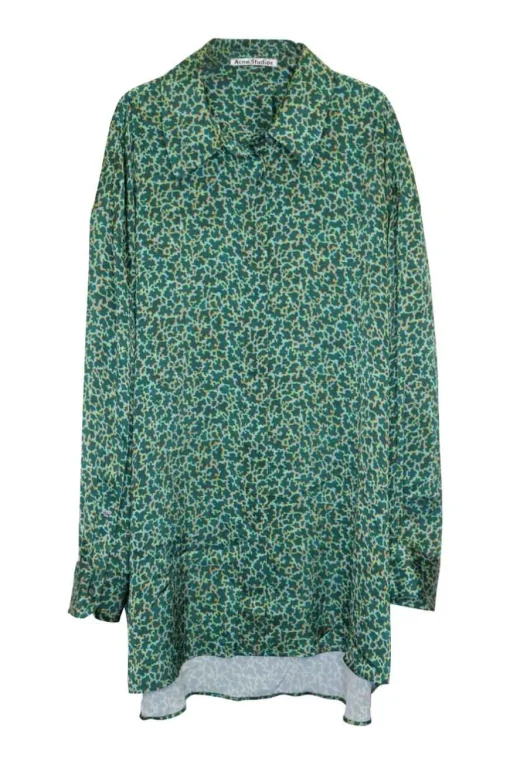 Green polyester abstract print classic collar button-front shirt with button cuffs and high-low hem