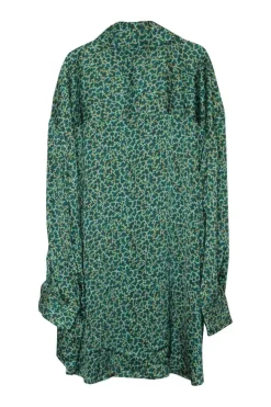 Green polyester abstract print classic collar button-front shirt with button cuffs and high-low hem