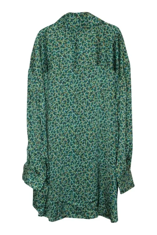 Green polyester abstract print classic collar button-front shirt with button cuffs and high-low hem