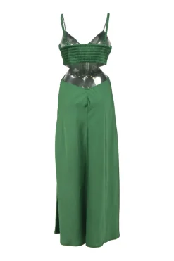 Green polyester bustier slip dress with cutout back