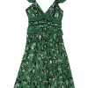 Green polyester floral print flutter cold shoulder bustier midi plissé dress