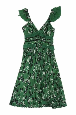 Green polyester floral print flutter cold shoulder bustier midi plissé dress