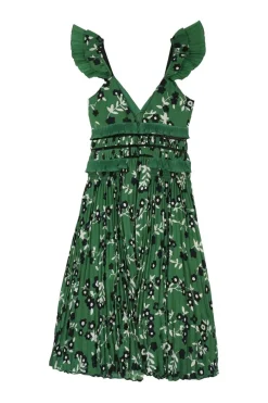 Green polyester floral print flutter cold shoulder bustier midi plissé dress