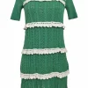 Green polyester pointelle ruffle knit pullover half-sleeve shift dress