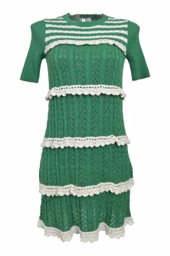 Green polyester pointelle ruffle knit pullover half-sleeve shift dress