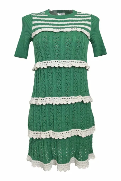 Green polyester pointelle ruffle knit pullover half-sleeve shift dress