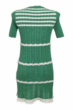 Green polyester pointelle ruffle knit pullover half-sleeve shift dress