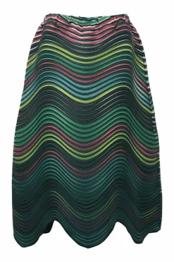 Green polyester pull-on A-line wave plissé midi skirt
