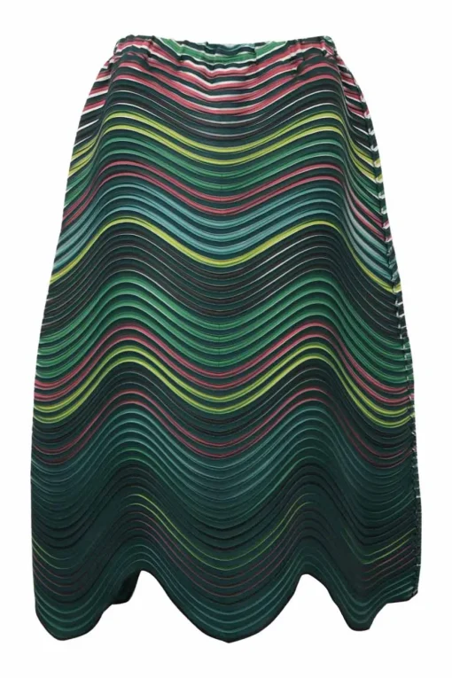 Green polyester pull-on A-line wave plissé midi skirt