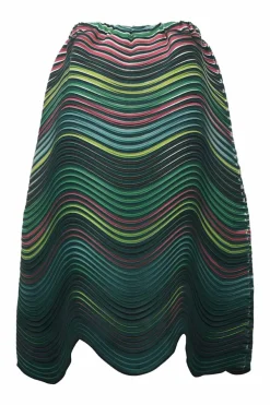 Green polyester pull-on A-line wave plissé midi skirt