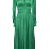 Green polyester satin plunge neck wrap-effect tiered plissé midi dress