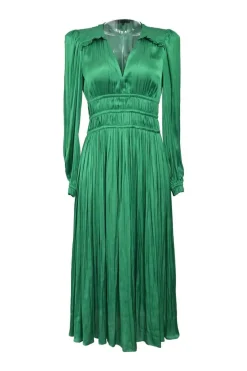 Green polyester satin plunge neck wrap-effect tiered plissé midi dress
