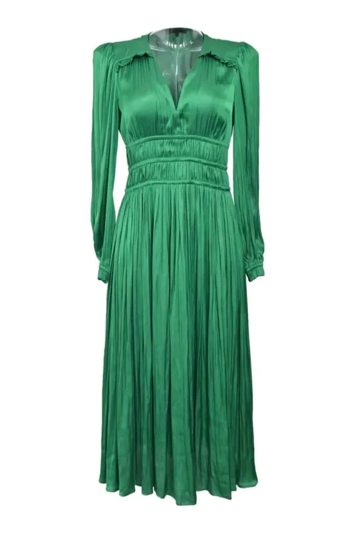 Green polyester satin plunge neck wrap-effect tiered plissé midi dress
