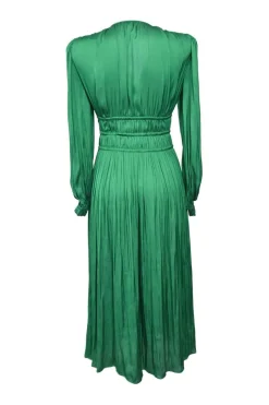 Green polyester satin plunge neck wrap-effect tiered plissé midi dress