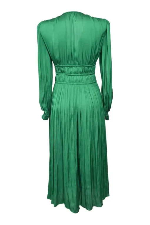 Green polyester satin plunge neck wrap-effect tiered plissé midi dress