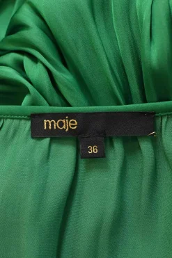 Green polyester satin plunge neck wrap-effect tiered plissé midi dress