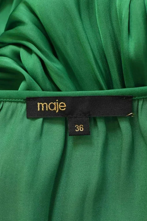 Green polyester satin plunge neck wrap-effect tiered plissé midi dress