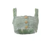Green polyester-blend bouclé tweed check button-front cropped bustier top