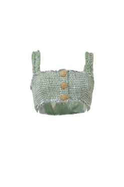 Green polyester-blend bouclé tweed check button-front cropped bustier top