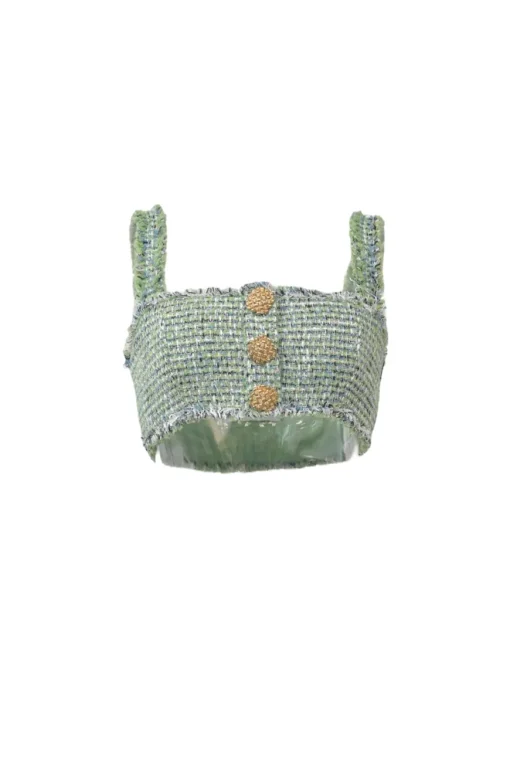 Green polyester-blend bouclé tweed check button-front cropped bustier top