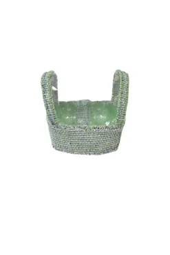 Green polyester-blend bouclé tweed check button-front cropped bustier top