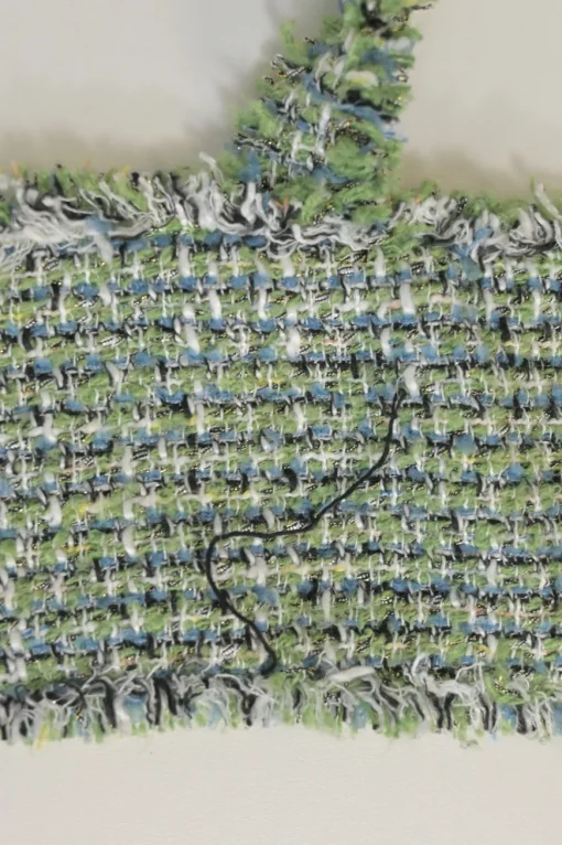 Green polyester-blend bouclé tweed check button-front cropped bustier top
