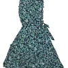 Green polyester-blend floral print tie-waist A-line sleeveless midi dress with ruffled collar