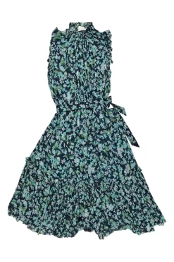 Green polyester-blend floral print tie-waist A-line sleeveless midi dress with ruffled collar