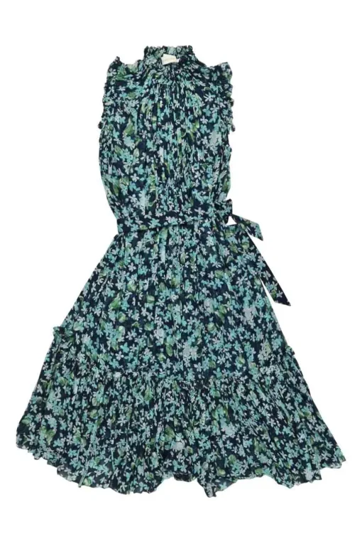 Green polyester-blend floral print tie-waist A-line sleeveless midi dress with ruffled collar