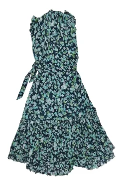 Green polyester-blend floral print tie-waist A-line sleeveless midi dress with ruffled collar