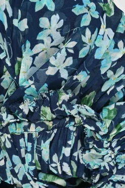 Green polyester-blend floral print tie-waist A-line sleeveless midi dress with ruffled collar