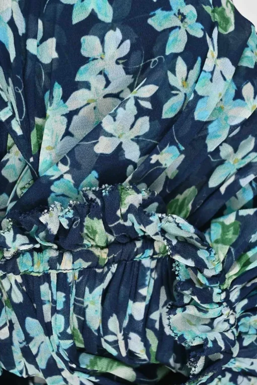 Green polyester-blend floral print tie-waist A-line sleeveless midi dress with ruffled collar